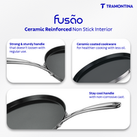 Fusao ceramic reinforced 28cm Dosa Tawa by Tramontina India with 4mm thickness, non-stick cooking surface, and ergonomic handle.