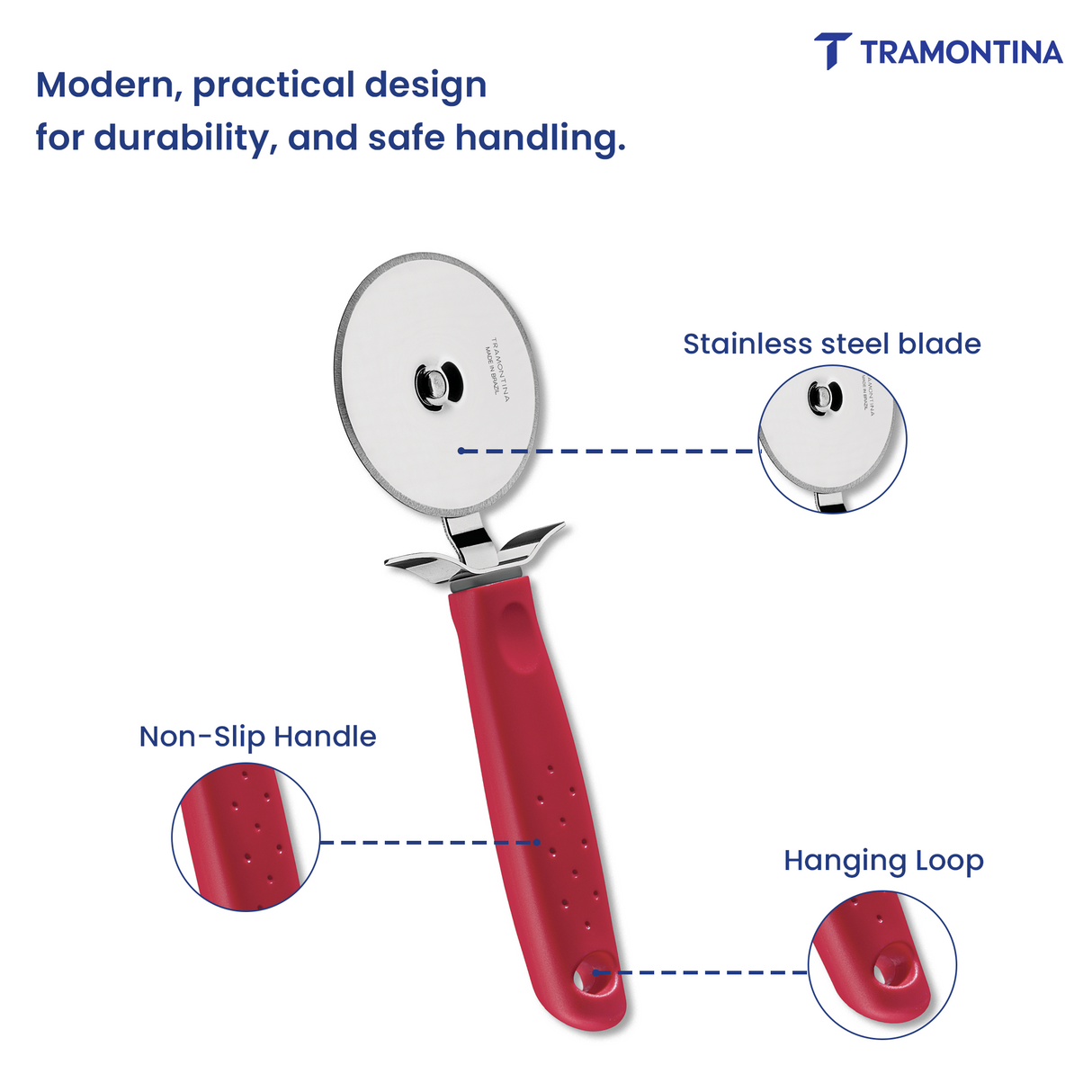 Tramontina India Utilita Pizza Cutter SS in red with a stainless steel blade for easy pizza slicing.