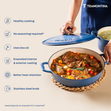 Tramontina India Bestow enameled cast iron round braiser in medium blue, 3.8L, with a sturdy lid and smooth, colorful surface.