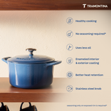 Tramontina India Bestow enameled cast iron round Dutch oven in medium blue, 6.1L casserole with lid and handles on a kitchen countertop.