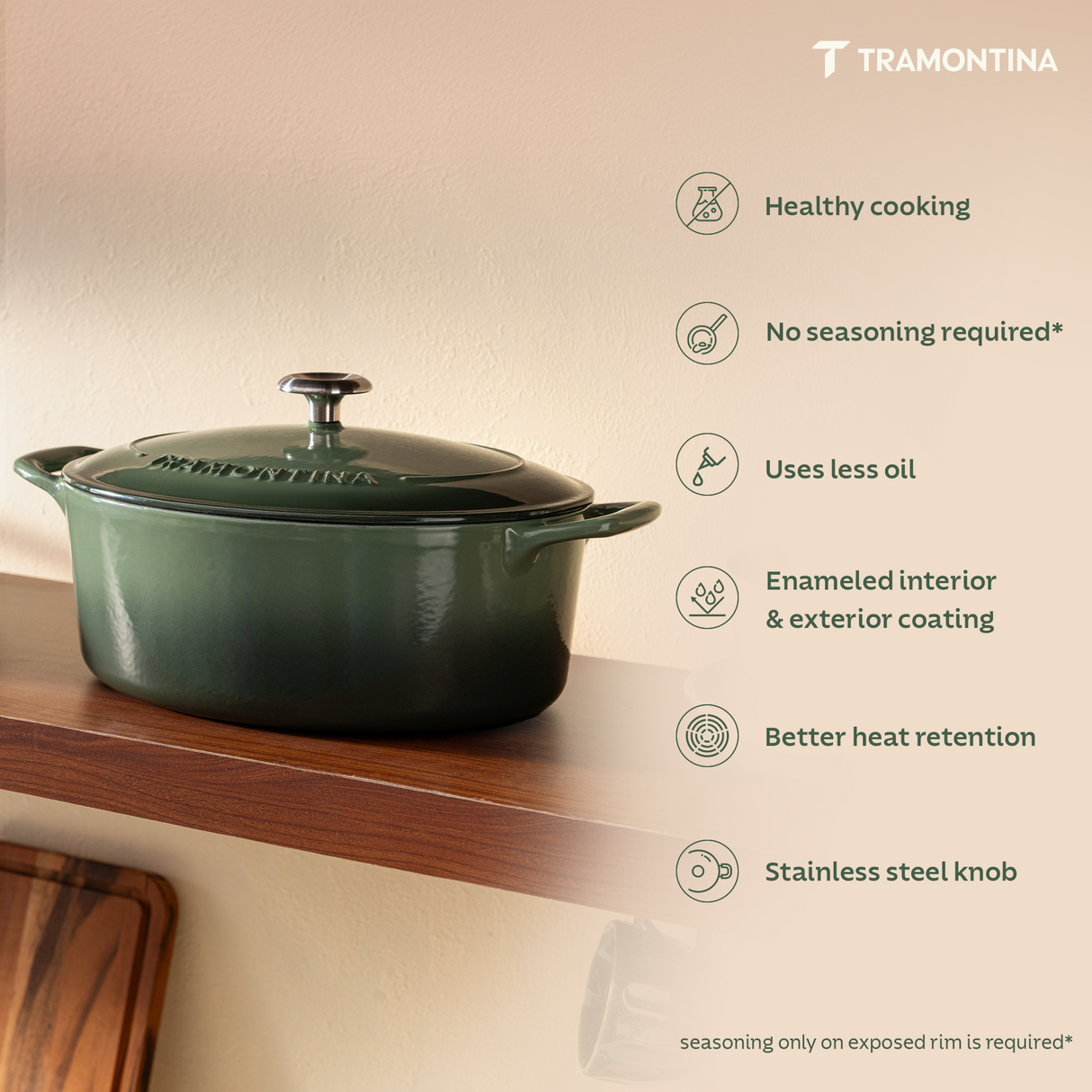 Tramontina India Bestow enameled cast iron oval Dutch oven in cactus green, 6.6L, showing the vibrant interior and sturdy lid.