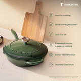 Tramontina India Bestow enameled cast iron 30cm fry pan in cactus green with lid, sturdy and colorful cookware for versatile cooking.