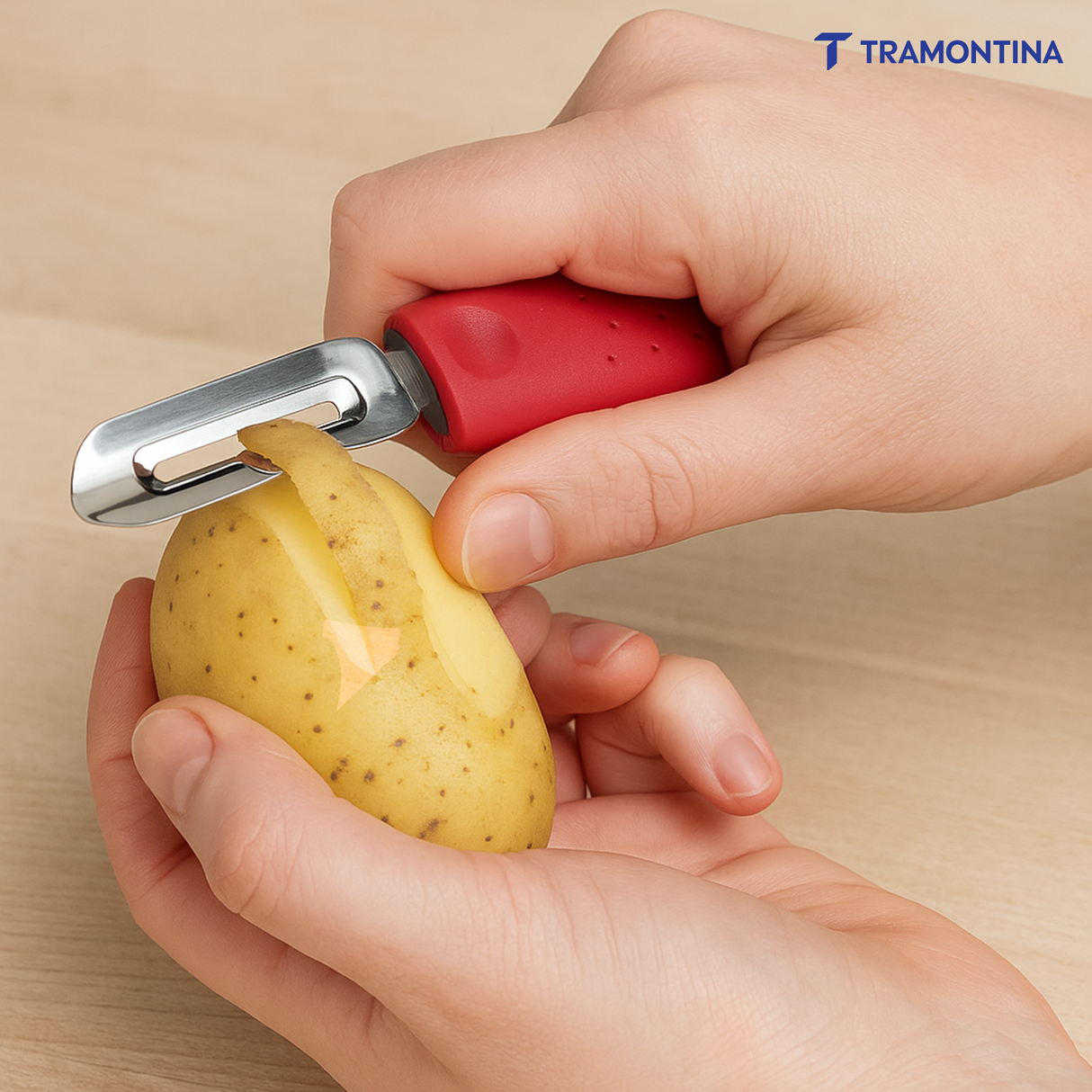 Tramontina India Utilitá stainless steel manual potato peeler with red polypropylene handle for easy peeling.