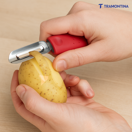 Tramontina India Utilitá stainless steel manual potato peeler with red polypropylene handle for easy peeling.
