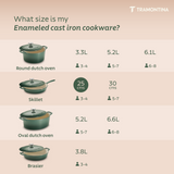 Tramontina India Bestow enameled cast iron 25cm fry pan in cactus green, with lid, showcasing smooth enamel surface and sturdy handle.