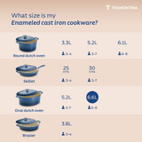 Medium blue Tramontina India Bestow enameled cast iron oval Dutch oven, 6.6L, with sturdy handles and smooth enamel finish.