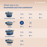 Tramontina India Bestow enameled cast iron 25cm covered skillet in medium blue, with handle and lid for frying and cooking.