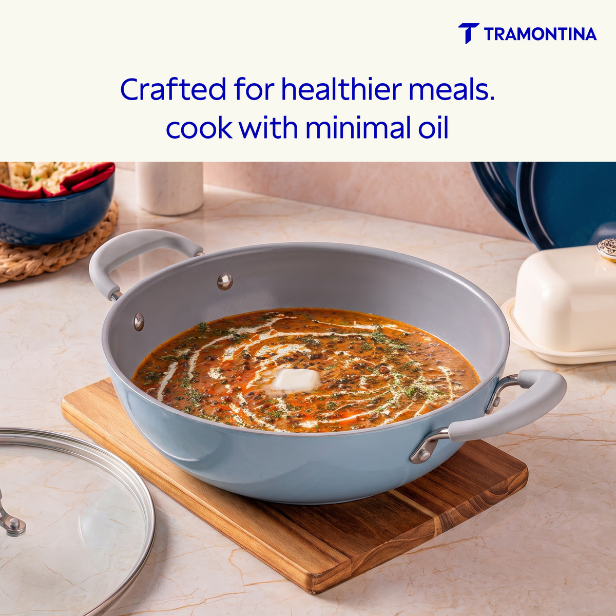 Tramontina Stella Kadai with lid, 24 cm, blue cooking pan viewed from the side