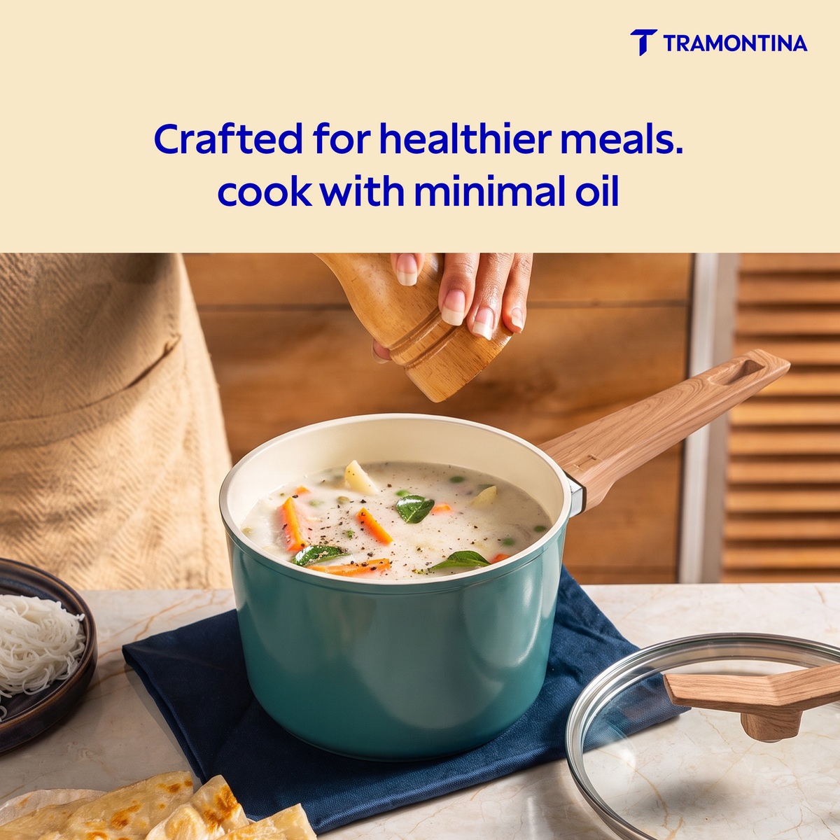 Tramontina Spectra Forged 16 cm saucepan with black handle and stainless steel body, suitable for stovetop cooking.