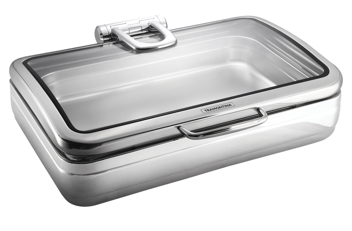 Stainless steel Bain-Marie GN 2/3 chafing dish stand with burner by Tramontina, designed for keeping food warm at buffets.