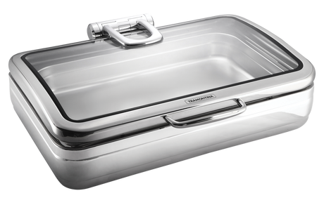 Stainless steel Bain-Marie GN 2/3 chafing dish stand with burner by Tramontina, designed for keeping food warm at buffets.