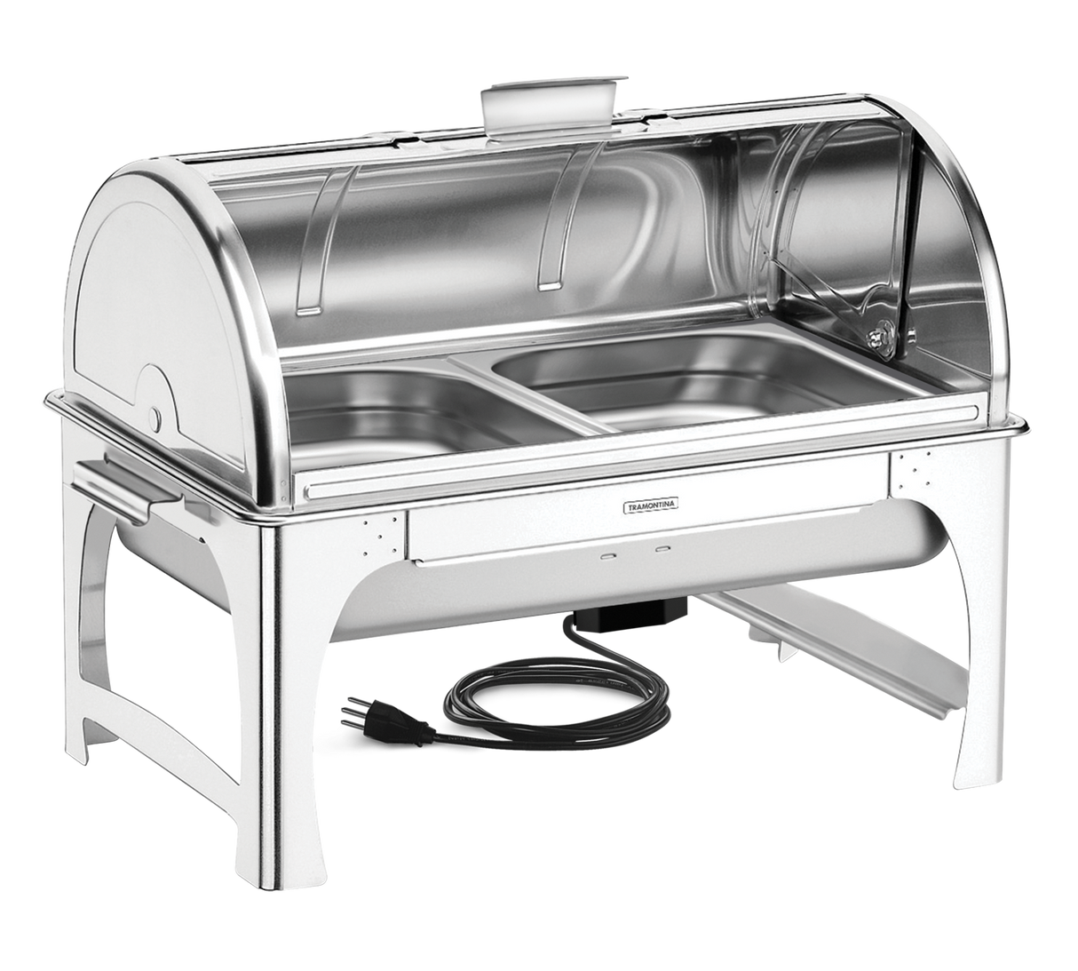 Stainless steel Tramontina roll top chafer with rotating lid, 220V, 1/2 size with heating resistance for catering use.