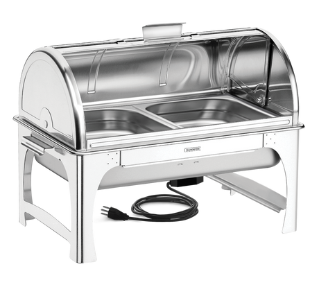 Stainless steel Tramontina roll top chafer with rotating lid, 220V, 1/2 size with heating resistance for catering use.