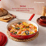 Tramontina India Bestow enameled cast iron fry pan, 25cm, in gradated red with lid, ideal for versatile cooking.