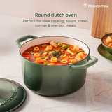 Tramontina India Bestow enameled cast iron round Dutch oven in cactus green, 6.1L, with sturdy handles and smooth enamel finish.