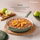 Tramontina India Bestow enameled cast iron 30cm fry pan in cactus green with lid, showcasing durable cookware for versatile cooking.