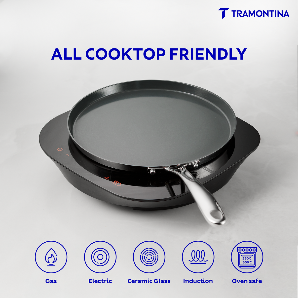 Fusao ceramic reinforced 28cm Tramontina India Dosa Tawa with 4.00mm thickness, featuring a non-stick cooking surface and sturdy handle.