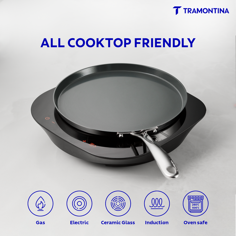 Fusao ceramic reinforced 28cm Tramontina India Dosa Tawa with 4.00mm thickness, featuring a non-stick cooking surface and sturdy handle.