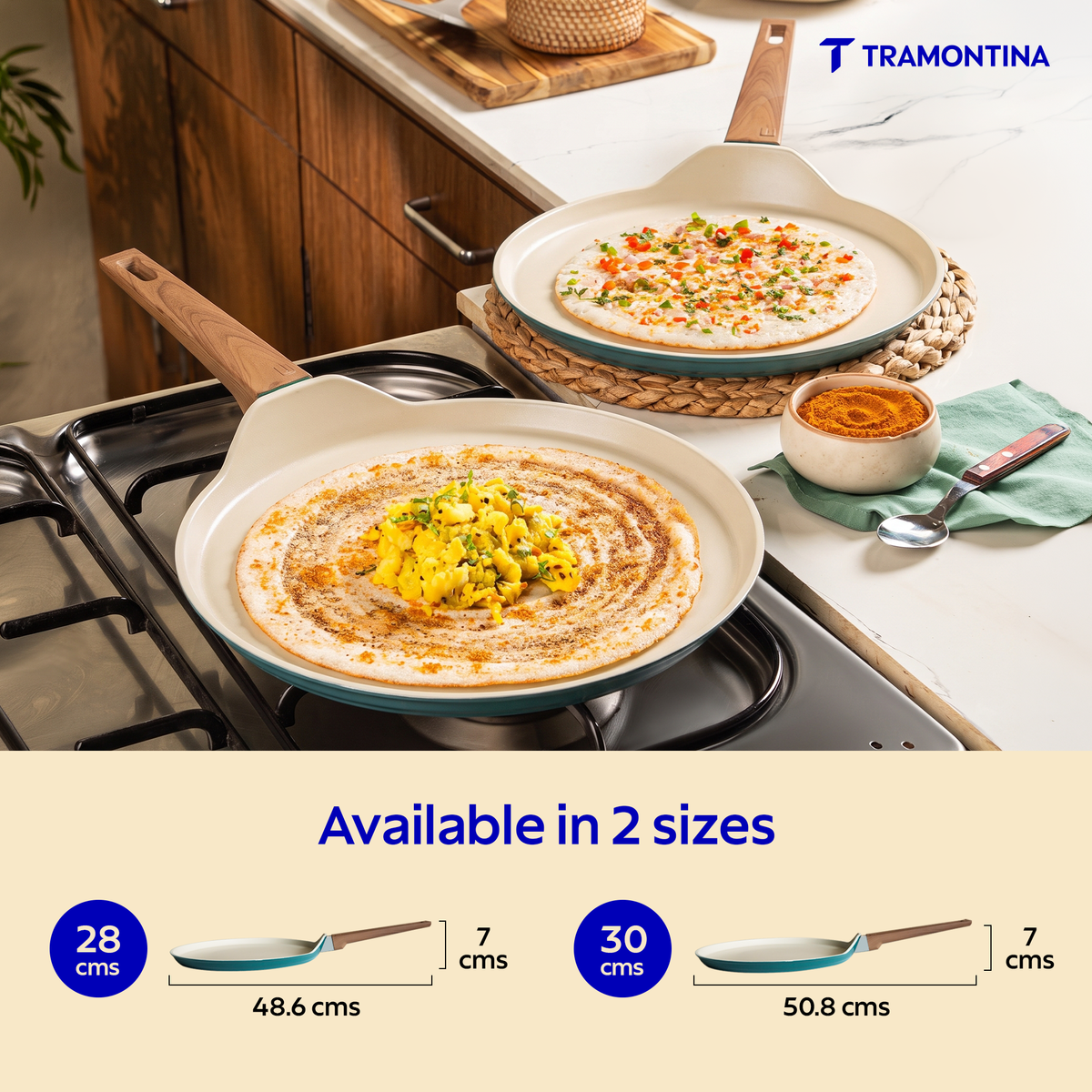 Tramontina Spectra Forged Dosa Tawa 28 cm, non-stick Indian pancake pan with a black handle and flat cooking surface.