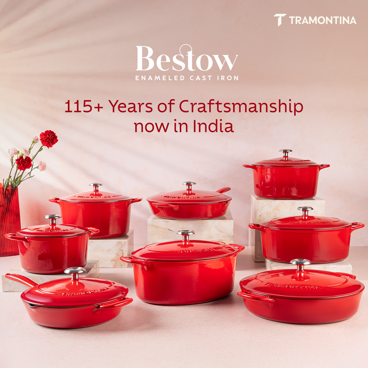 Tramontina India Bestow enameled cast iron oval Dutch oven in gradated red, 5.2L, ideal for baking and slow cooking.