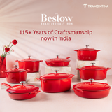 Tramontina India Bestow enameled cast iron oval Dutch oven in gradated red, 5.2L, ideal for baking and slow cooking.