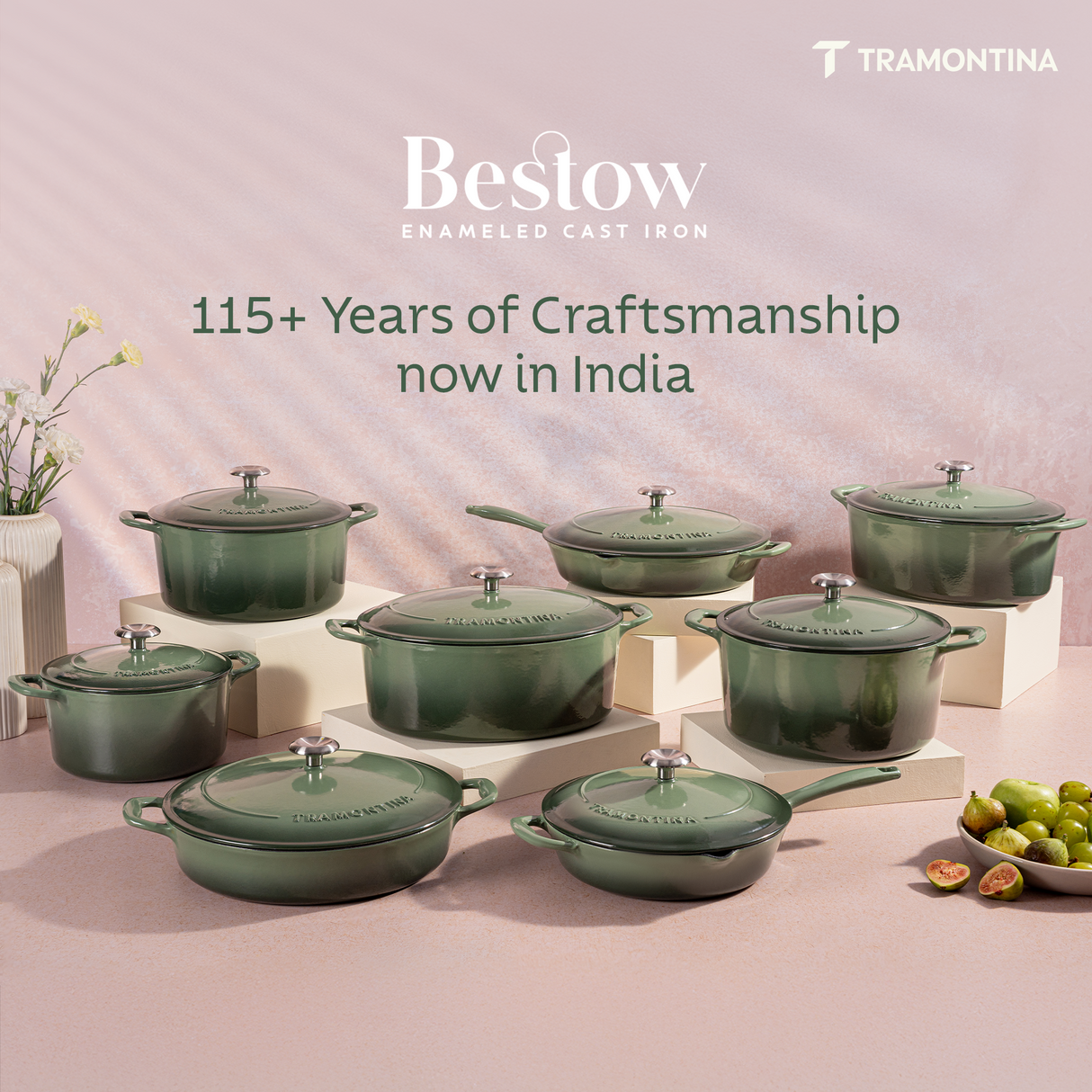 Tramontina India Bestow enameled cast iron 25cm fry pan with cactus green lid and handle, showcasing its sturdy, colorful cookware design.