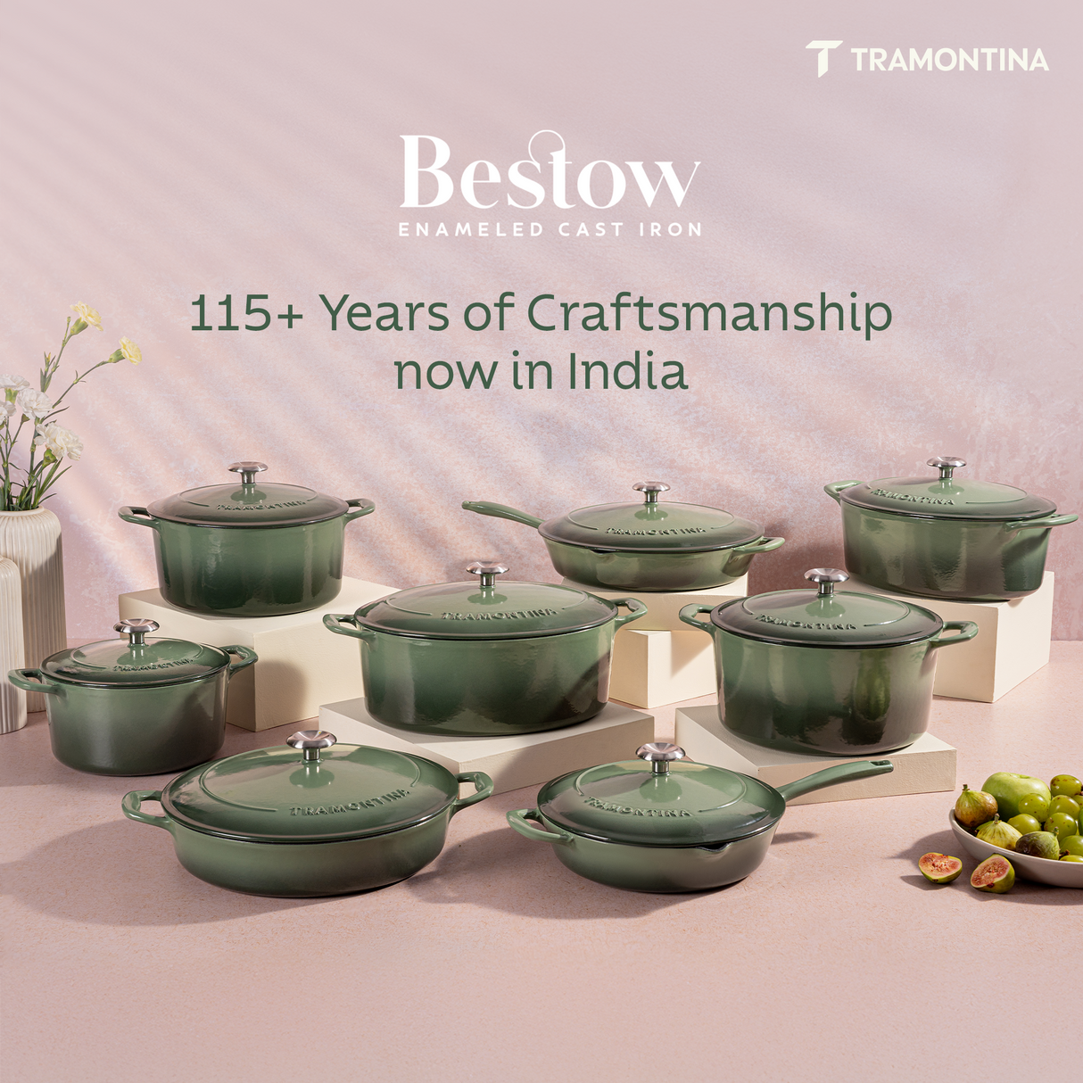 Tramontina India Bestow enameled cast iron 30cm covered fry pan in cactus green, with a lid and sturdy handle.