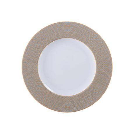 Decorated 28 cm Aurum porcelain dinner plate by Tramontina with intricate gold and floral design on a white background.
