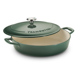 Tramontina India Bestow enameled cast iron round braiser in cactus green, 3.8L with a sturdy lid and colorful glazed surface.