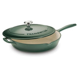 Tramontina India Bestow enameled cast iron covered skillet, 25cm fry pan in cactus green, with lid and sturdy handles.