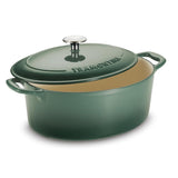 Tramontina India Bestow enameled cast iron oval Dutch oven in cactus green, 6.6L, with a sturdy lid and ergonomic handles.