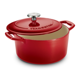 Red enameled cast iron round Dutch oven casserole by Tramontina India, 3.3L, with a smooth, glossy surface and sturdy handles.