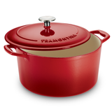 Tramontina India Bestow enameled cast iron round Dutch oven, 6.1L, in gradated red, with a sturdy lid and ergonomic handles.