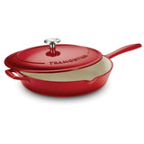 Tramontina India Bestow enameled cast iron 30cm red fry pan with a lid, durable cookware for versatile stovetop cooking.