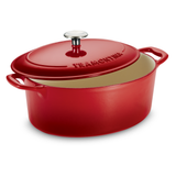 Tramontina India Bestow enameled cast iron oval Dutch oven in gradated red, 5.2L, used for roasting and slow cooking.