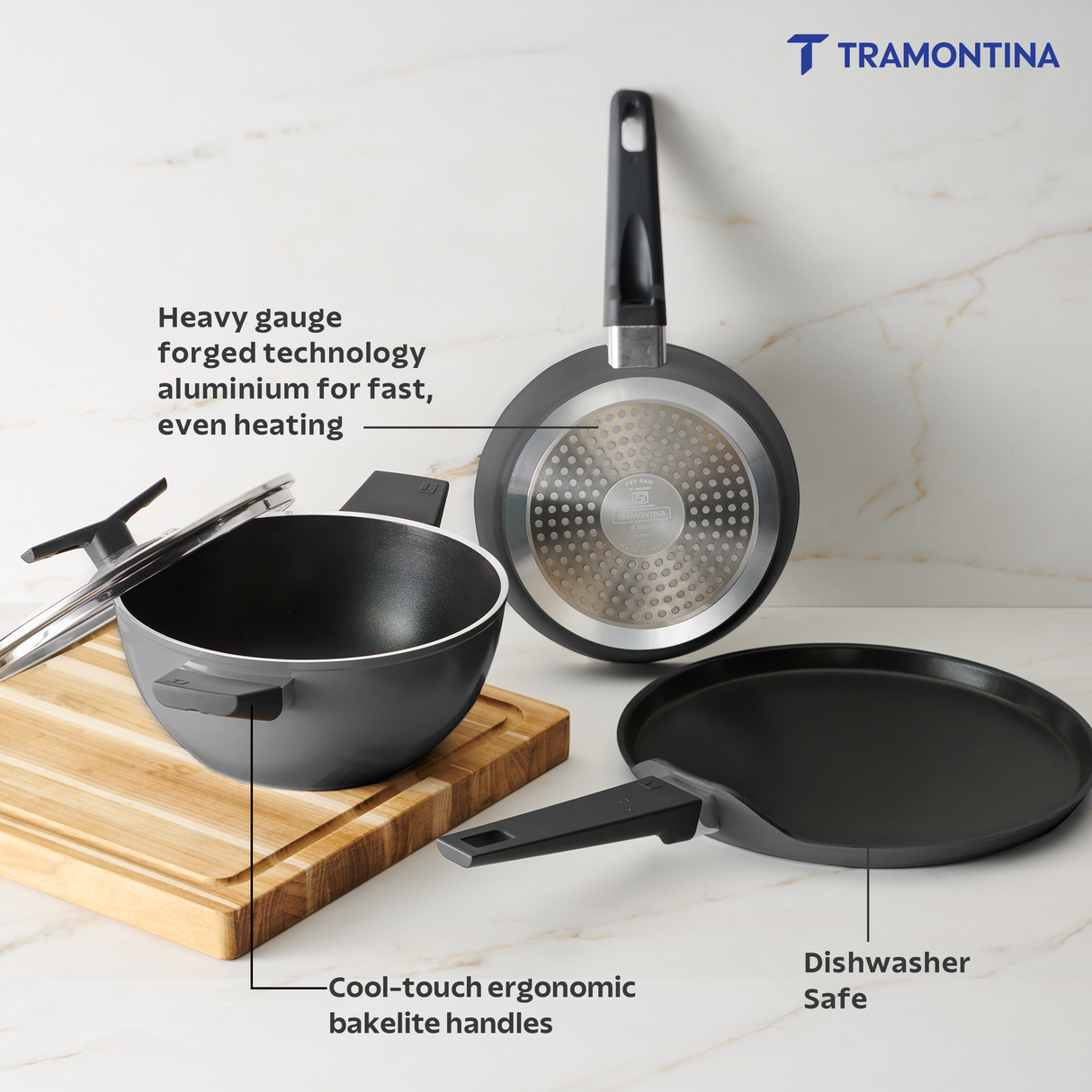 Chroma Forged CK Set of 4 Fry Pan 20 cm, DosaTawa 28 & Kadai 22 Grey