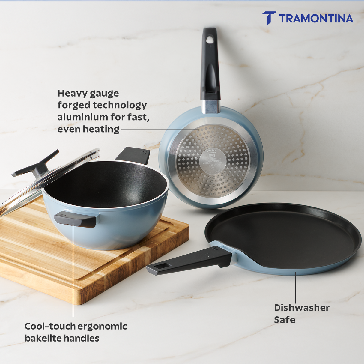 Chroma Forged CK Set of 4 Fry Pan 20 cm, Dosa Tawa 28 & Kadai 22 Blue