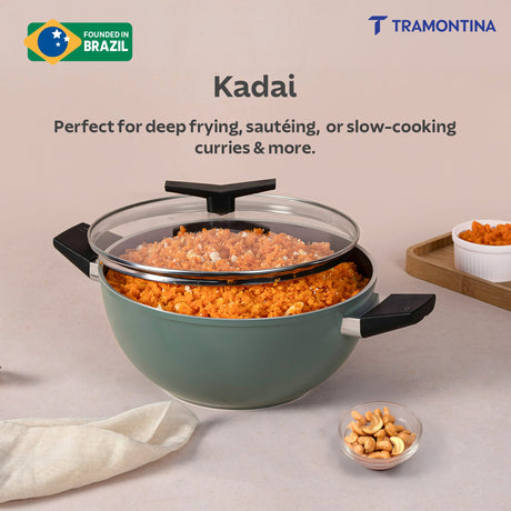 Aura Ceramic Reinforced Non-Stick Extra Deep Kadai with Lid – 28 cm/ 5.6L (Sea Green)