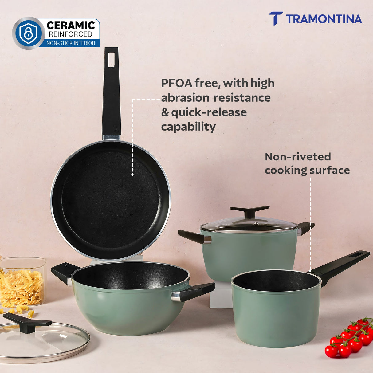 Aura Ceramic Reinforced Non-Stick Cookware Set – 7 Pieces (Sea Green)