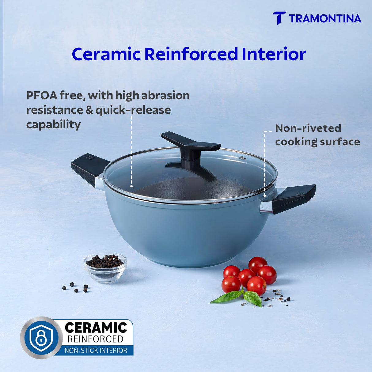 Aura Ceramic Reinforced Non-Stick Extra Deep Kadai with Lid – 22 cm/ 2.9L (Blueberry)