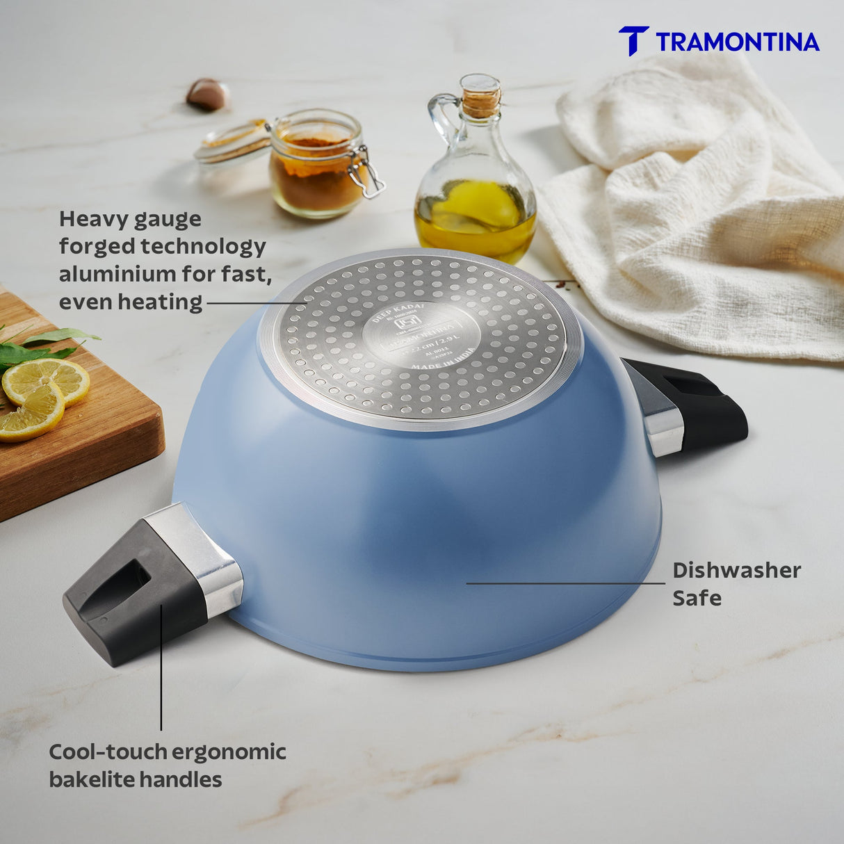 Aura Ceramic Reinforced Non-Stick Extra Deep Kadai with Lid – 28 cm/ 5.6L (Blueberry)