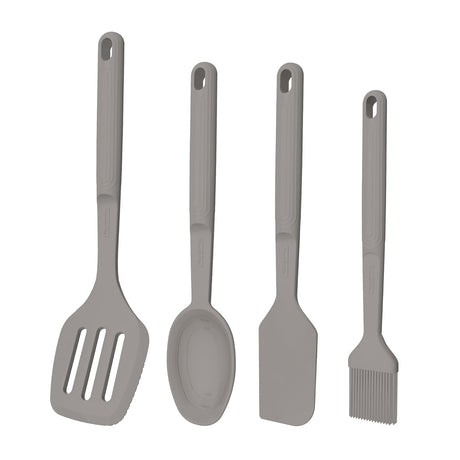 Set of four grey Tramontina India Softta silicone kitchen tools, including spatulas and spoons, arranged on a countertop.