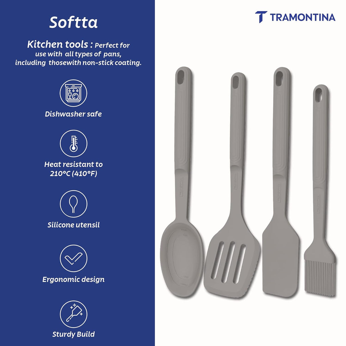 Set of four grey Softta silicone kitchen tools from Tramontina India, including spatulas and spoons for cooking and baking.