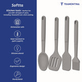 Set of four grey Softta silicone kitchen tools from Tramontina India, including spatulas and spoons for cooking and baking.