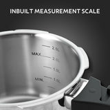 Aeion+ 1.5L Triply pressure cooker by Tramontina India showing a shiny stainless steel cookware with a secure lid and handle.