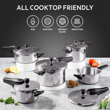 Tramontina India Aeion+ 1.5L triply stainless steel pressure cooker on stove top with lid closed.
