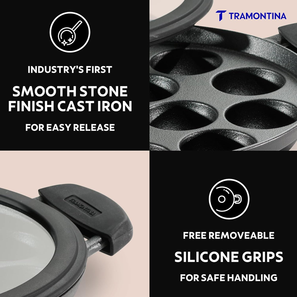 Tramontina India 26cm pre-seasoned cast iron paniyaram pan with 12 pits, ideal for making traditional Indian snacks.