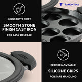 Tramontina India 26cm pre-seasoned cast iron paniyaram pan with 12 pits, ideal for making traditional Indian snacks.