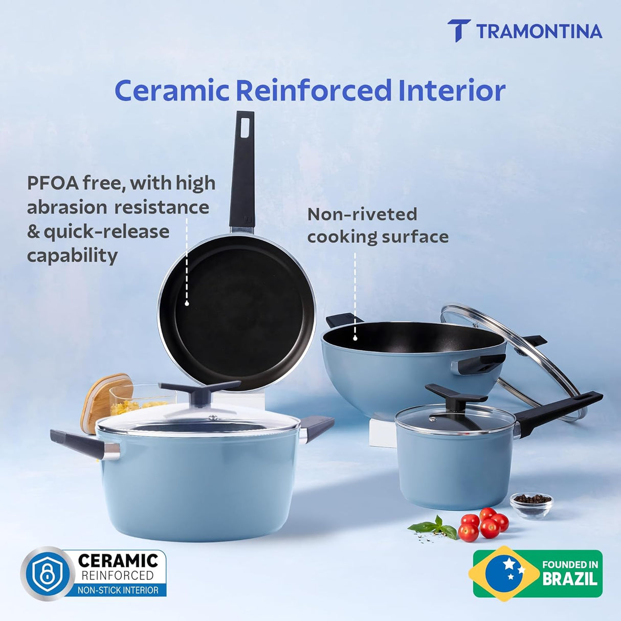 Aura 7 Piece Non-Stick Cookware Set Ceramic Reinforced Coating – (Blueberry)