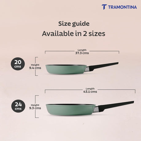 Tramontina India Aura 20cm sea green non-stick fry pan with reinforced coating on a wooden surface.